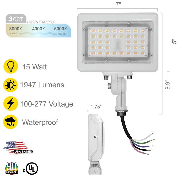 15W LED Flood Lights Outdoor Security Lighting - Waterproof - 3CCT 3000K-5000K - 2100LM - Knuckle Mount