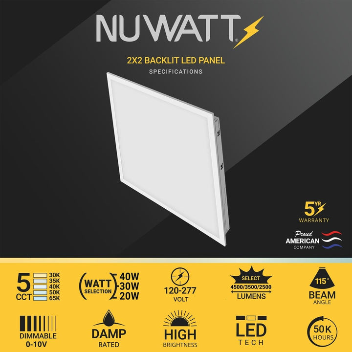 2x2 LED Drop Ceiling Lights Backlit Panel - 5CCT 3000K-6500K - 4400LM - Emergency Battery Back Up Installed - 4 Pack