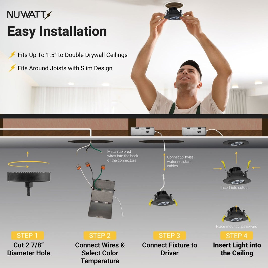 3" Inch Black Gimbal Recessed Light for Sloped Ceiling Canless LED Lighting - Wet Rated - 5CCT 2700K-5000K - 600LM