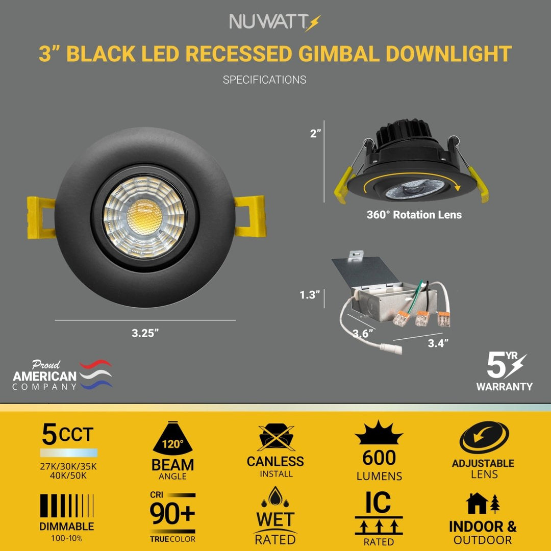 3" Inch Black Gimbal Recessed Light for Sloped Ceiling Canless LED Lighting - Wet Rated - 5CCT 2700K-5000K - 600LM