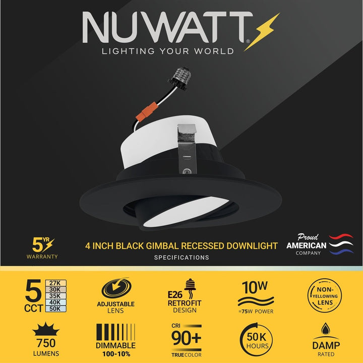 4" Inch Black Retrofit Adjustable Recessed Downlight - 5 Kelvin Temperatures (5CCT) - 10 Watts - 750 Lumens - Dimmable