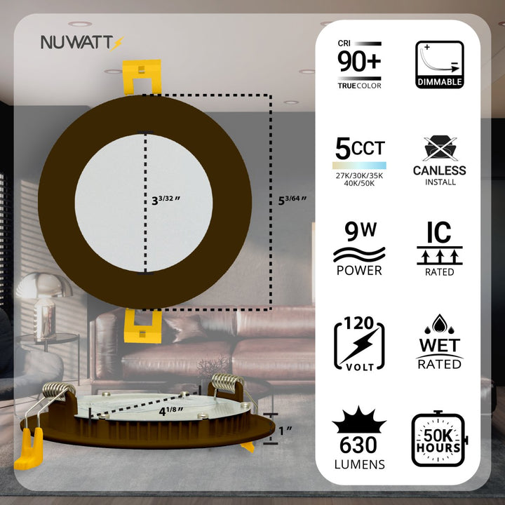 4" Inch Bronze Canless Recessed Lighting Slim LED Wafer Lights - Wet Rated - 5CCT 2700K-5000K - 630LM