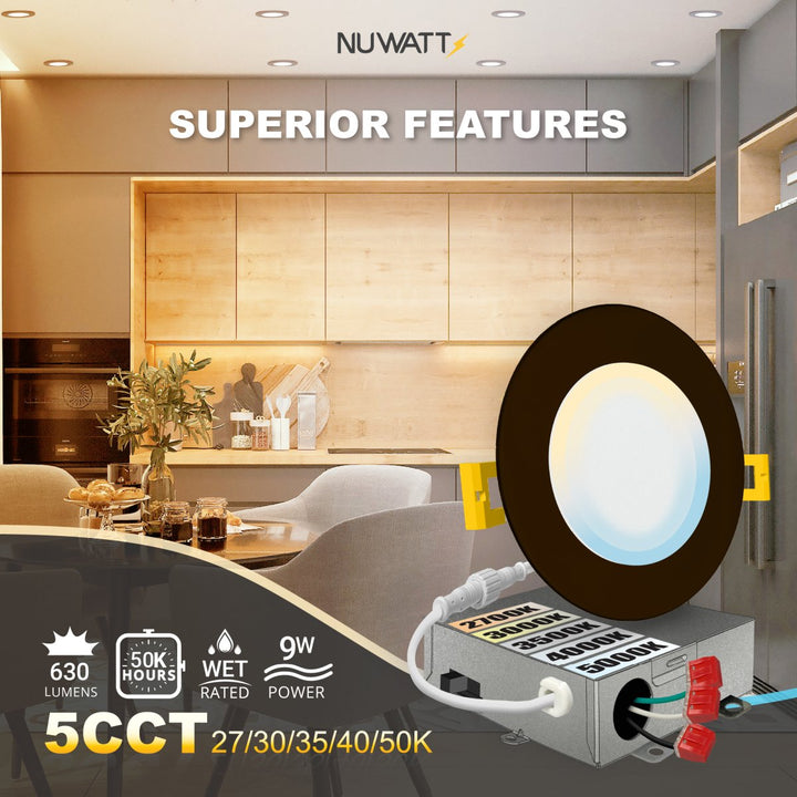 4" Inch Bronze Canless Recessed Lighting Slim LED Wafer Lights - Wet Rated - 5CCT 2700K-5000K - 630LM