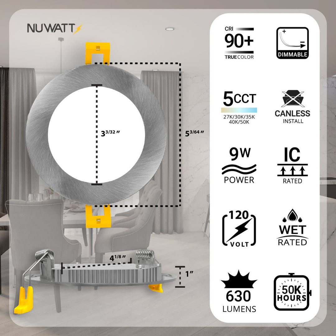 4" Inch Brushed Nickel Canless Recessed Lighting Slim LED Wafer Lights - Wet Rated - 5CCT 2700K-5000K - 630LM