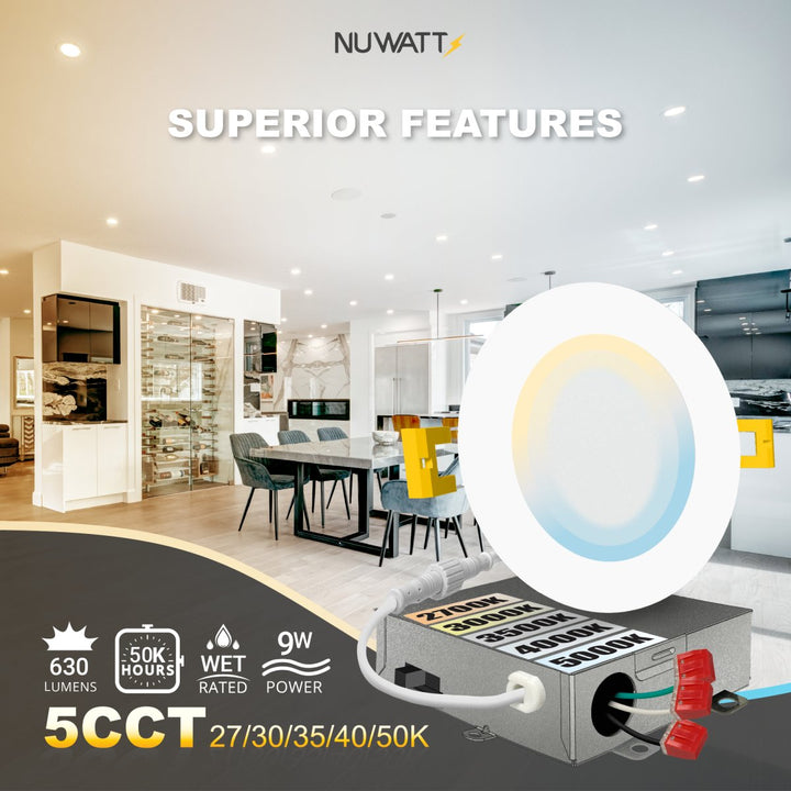 4" Inch Canless Recessed Lighting Slim LED Wafer Lights - Wet Rated - 5CCT 2700K-5000K - 630LM