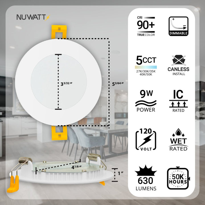 4" Inch Canless Recessed Lighting Slim LED Wafer Lights - Wet Rated - 5CCT 2700K-5000K - 630LM