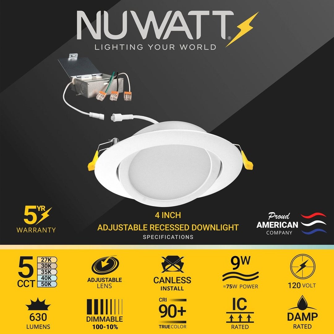 4" Inch Gimbal Recessed Light for Sloped Ceiling Canless LED Lighting - Damp Rated - 5CCT 2700K-5000K - 630LM