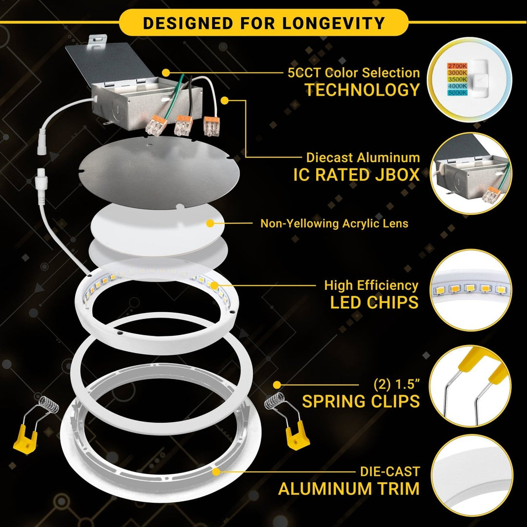 4" Inch Gimbal Recessed Light for Sloped Ceiling Canless LED Lighting - Damp Rated - 5CCT 2700K-5000K - 630LM