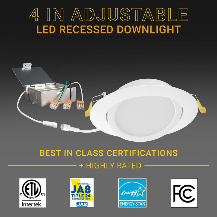 4" Inch Gimbal Recessed Light for Sloped Ceiling Canless LED Lighting - Damp Rated - 5CCT 2700K-5000K - 630LM