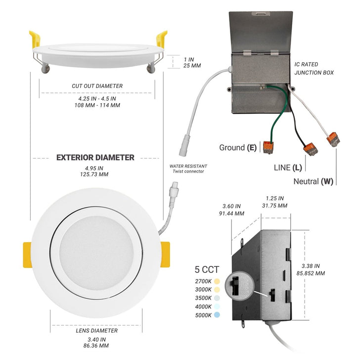 4" Inch Gimbal Recessed Light for Sloped Ceiling Canless LED Lighting - Damp Rated - 5CCT 2700K-5000K - 630LM