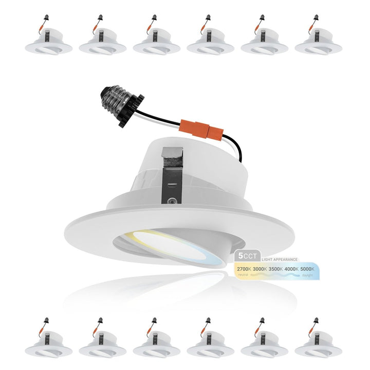 4" Inch Adjustable Can Lights Sloped Ceiling Recessed Lighting - Damp Rated - 5CCT 2700K-5000K - 750LM