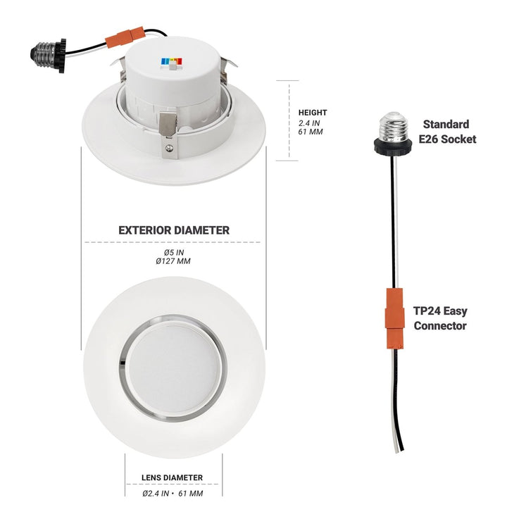 4" Inch Adjustable Can Lights Sloped Ceiling Recessed Lighting - Damp Rated - 5CCT 2700K-5000K - 750LM