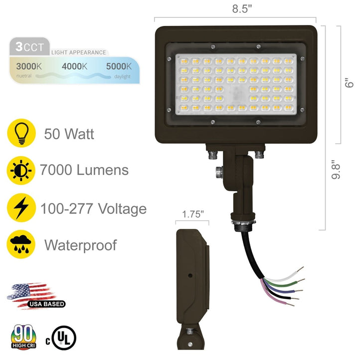 50W Bronze Flood Light LED Outdoor Security Lights - Waterproof - 3CCT 3000K-5000K - 7050LM - Knuckle Mount