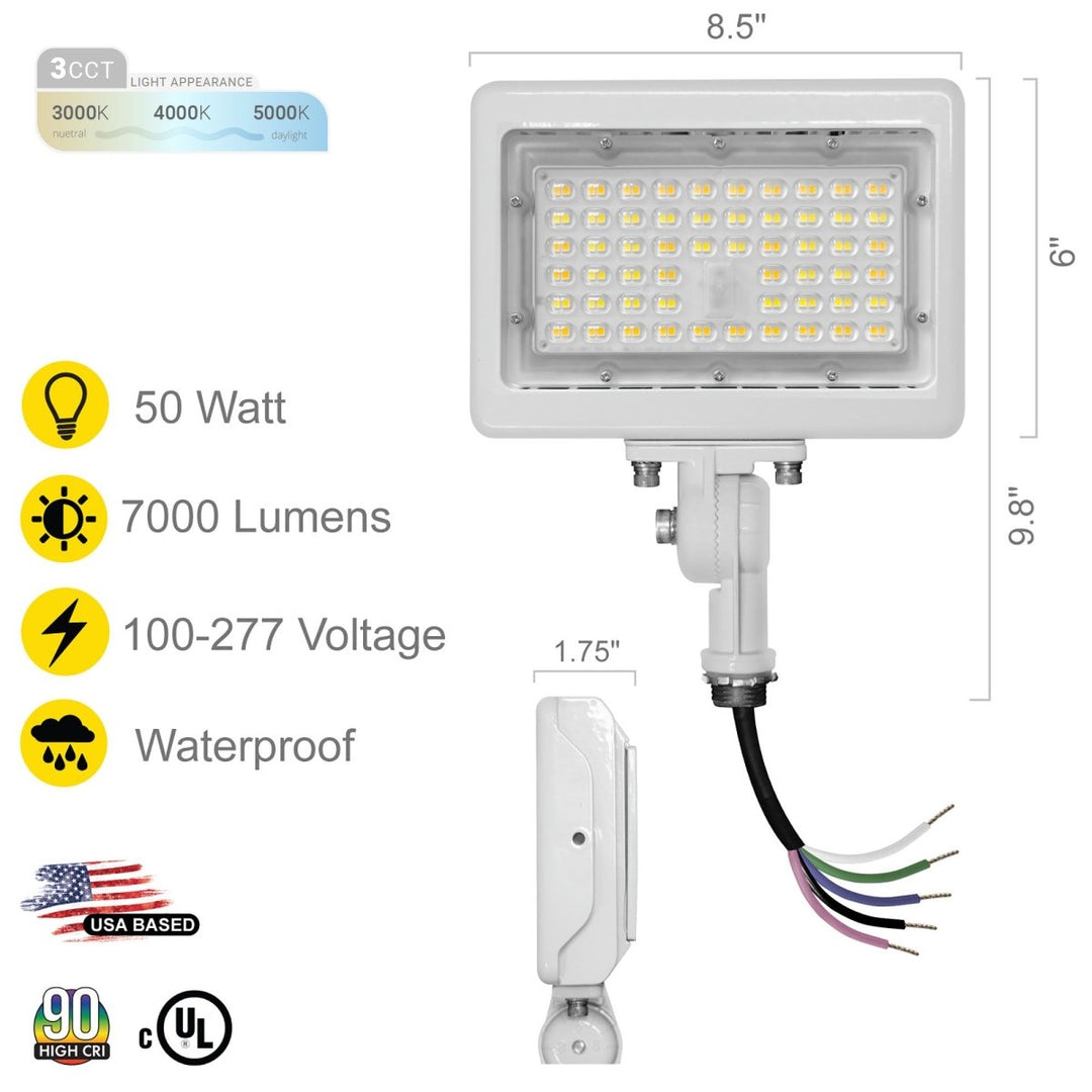 50W LED Flood Lights Outdoor Security Lighting - Waterproof - 3CCT 3000K-5000K - 7050LM - Knuckle Mount