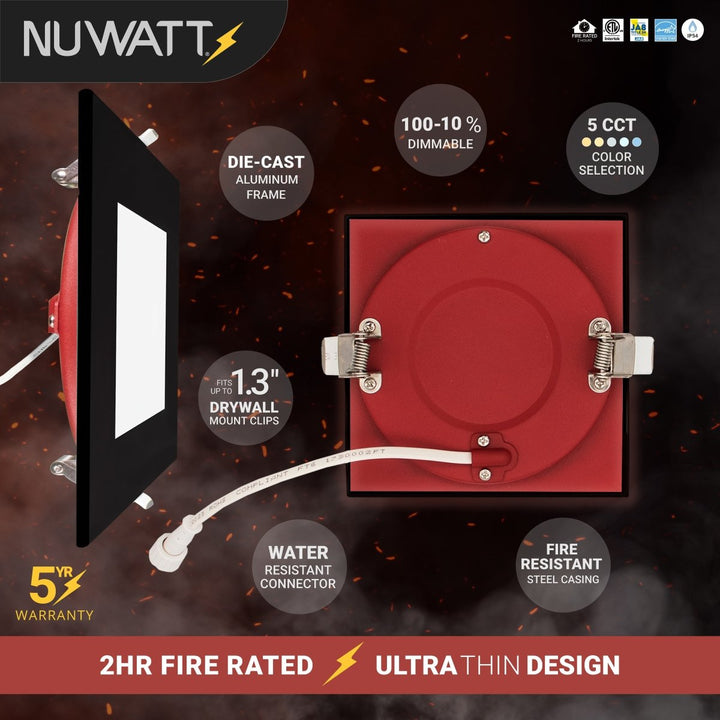 6" Inch 2 HOUR FIRE RATED Ultra-Thin Square Black Trim LED Recessed Light - 2700K/3000K/3500K/4000K/5000K Selectable - 1200 Lumen Dimmable - IC Rated Canless Downlight - No Fire Cone Needed - EMERGENCY BATTERY BACK UP INSTALLED