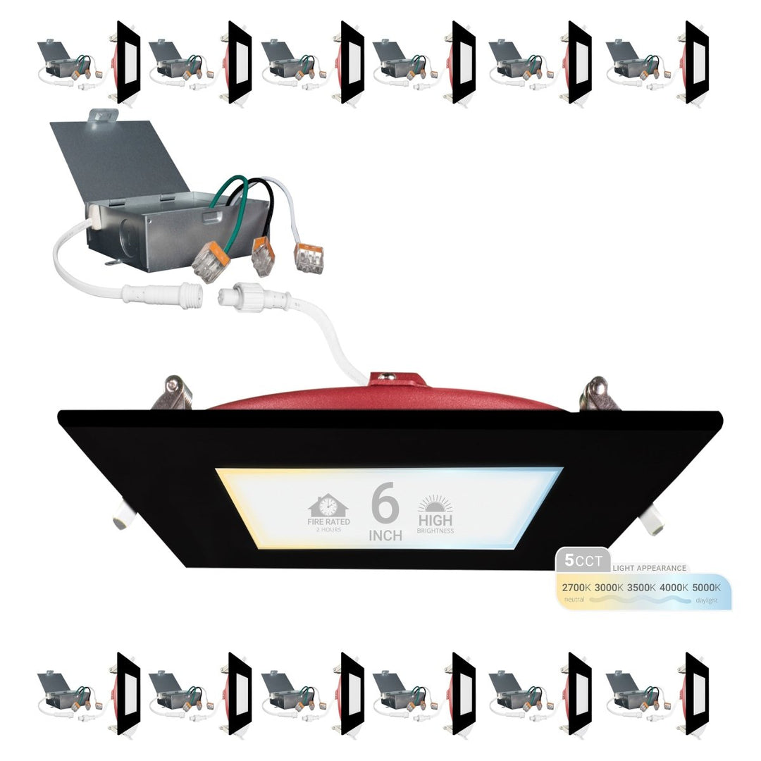 6" Inch 2 HOUR FIRE RATED Ultra-Thin Square Black Trim LED Recessed Light - 2700K/3000K/3500K/4000K/5000K Selectable - 1200 Lumen Dimmable - IC Rated Canless Downlight - No Fire Cone Needed - EMERGENCY BATTERY BACK UP INSTALLED