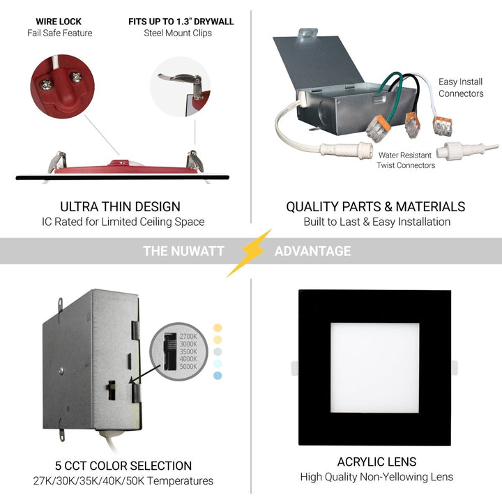 6" Inch 2 HOUR FIRE RATED Ultra-Thin Square Black Trim LED Recessed Light - 2700K/3000K/3500K/4000K/5000K Selectable - 1200 Lumen Dimmable - IC Rated Canless Downlight - No Fire Cone Needed - EMERGENCY BATTERY BACK UP INSTALLED