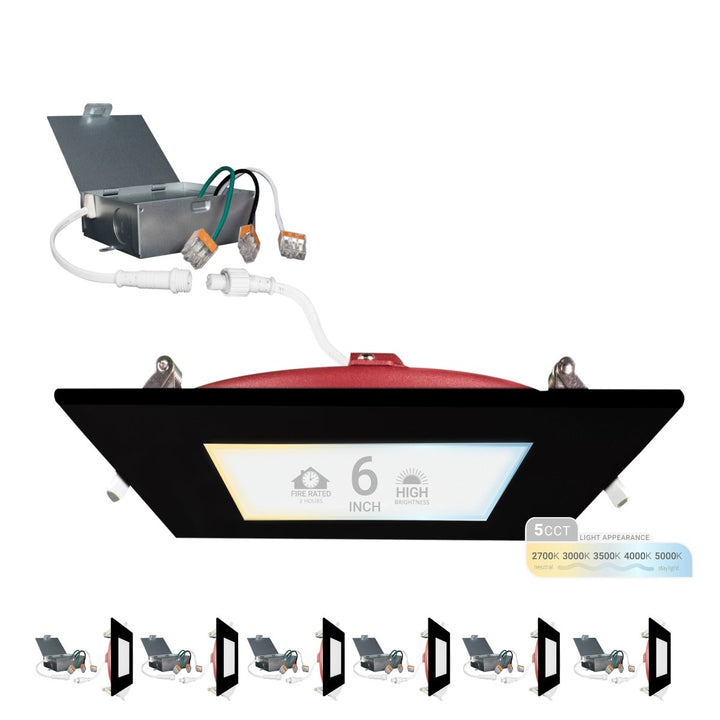 6" Inch 2 HOUR FIRE RATED Ultra-Thin Square Black Trim LED Recessed Light - 2700K/3000K/3500K/4000K/5000K Selectable - 1200 Lumen Dimmable - IC Rated Canless Downlight - No Fire Cone Needed - EMERGENCY BATTERY BACK UP INSTALLED