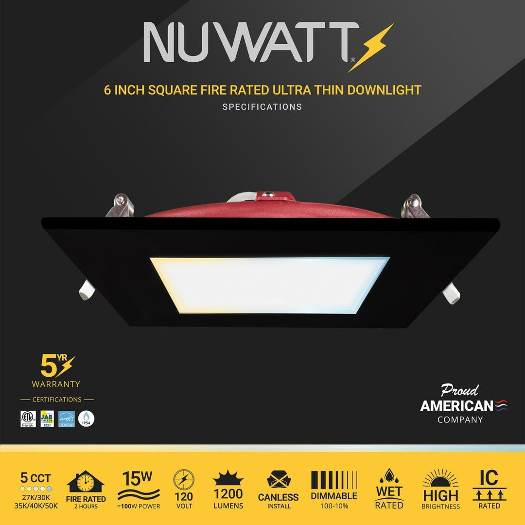 6" Inch 2 HOUR FIRE RATED Ultra-Thin Square Black Trim LED Recessed Light - 2700K/3000K/3500K/4000K/5000K Selectable - 1200 Lumen Dimmable - IC Rated Canless Downlight - No Fire Cone Needed - EMERGENCY BATTERY BACK UP INSTALLED