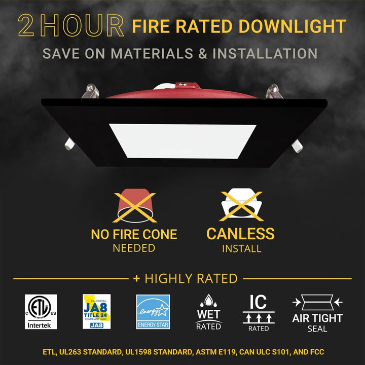 6" Inch 2 HOUR FIRE RATED Ultra-Thin Square Black Trim LED Recessed Light - 2700K/3000K/3500K/4000K/5000K Selectable - 1200 Lumen Dimmable - IC Rated Canless Downlight - No Fire Cone Needed - EMERGENCY BATTERY BACK UP INSTALLED