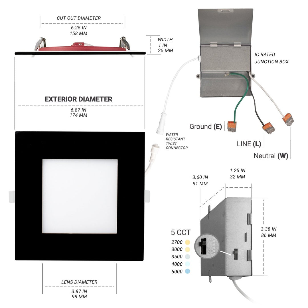 6" Inch 2 HOUR FIRE RATED Ultra-Thin Square Black Trim LED Recessed Light - 2700K/3000K/3500K/4000K/5000K Selectable - 1200 Lumen Dimmable - IC Rated Canless Downlight - No Fire Cone Needed - EMERGENCY BATTERY BACK UP INSTALLED