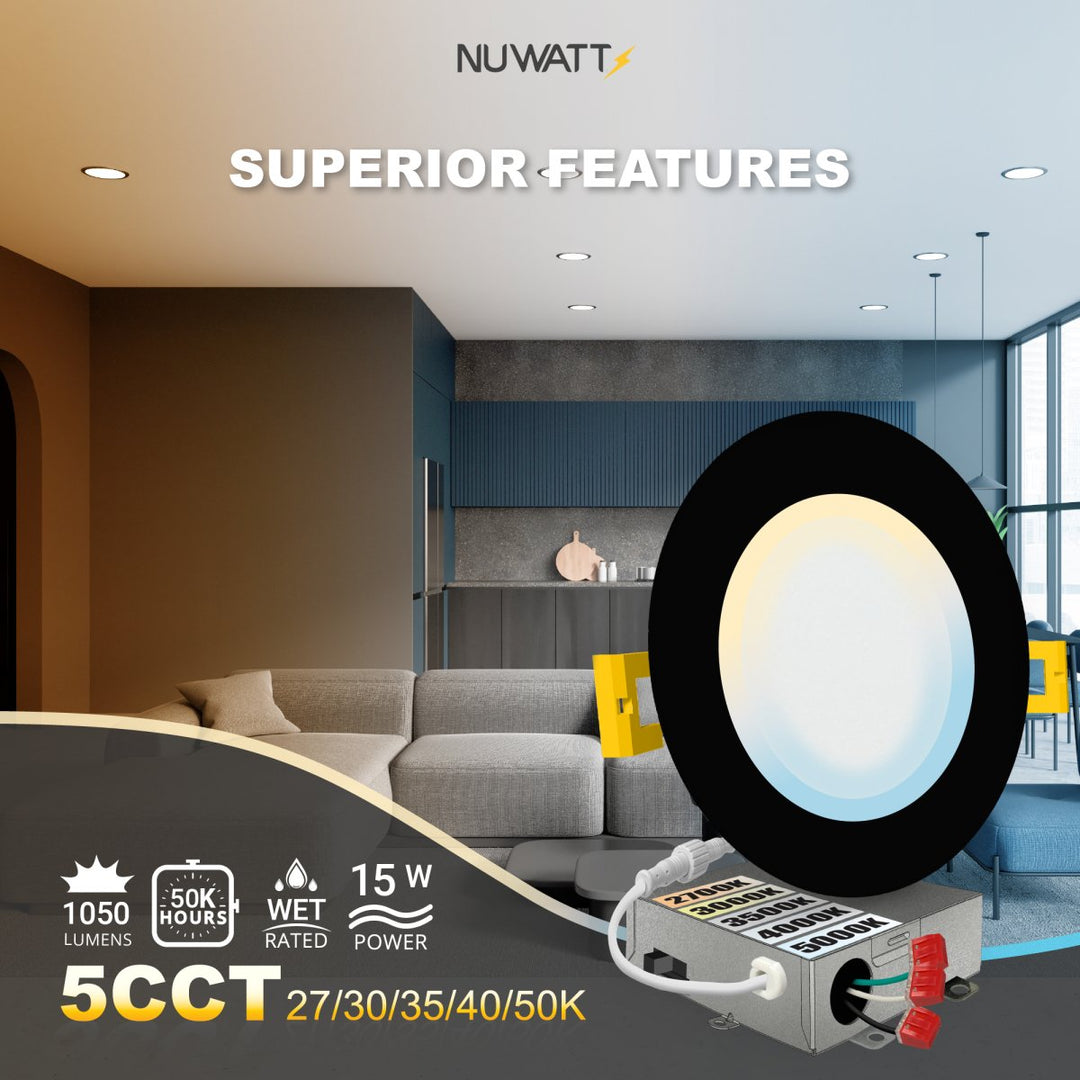 6" Inch Black Canless Recessed Lighting Slim LED Wafer Lights - Wet Rated - 5CCT 2700K-5000K - 1050LM