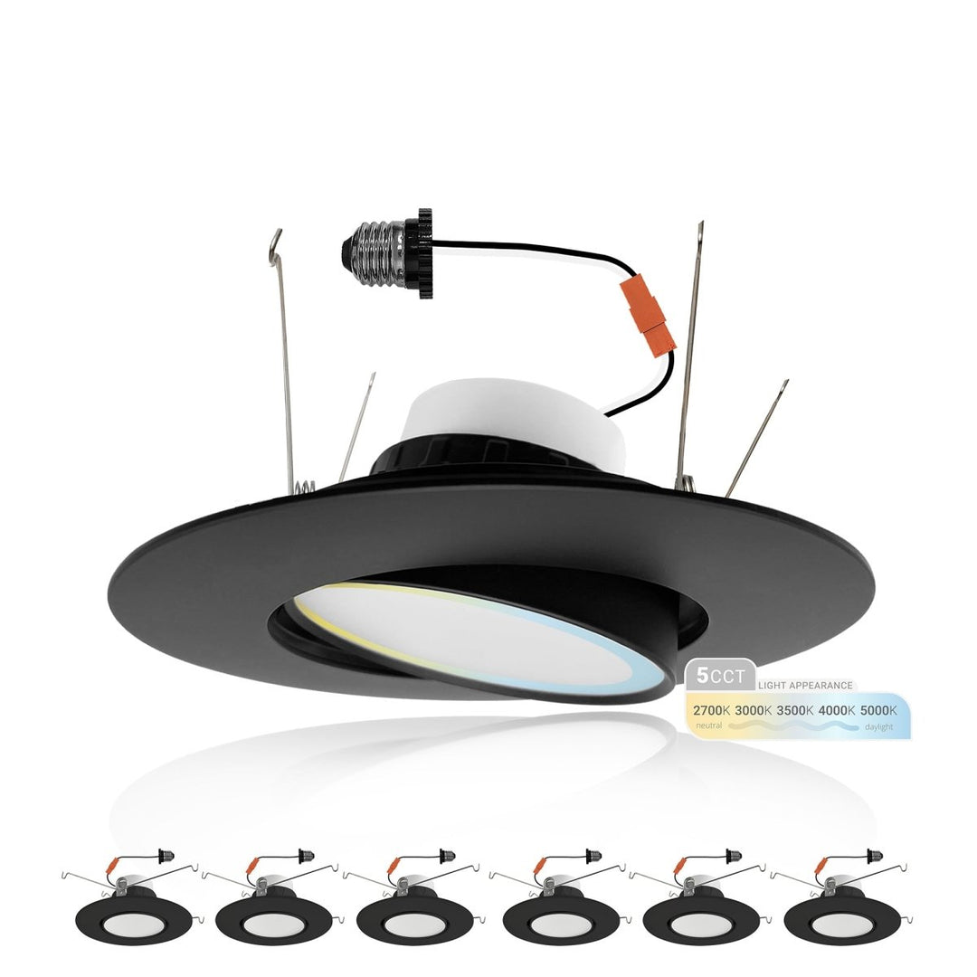 6" Inch Black Retrofit Adjustable LED Recessed Downlight - 5 Kelvin Temperatures (5CCT) - 16.5 Watt - 1200 Lumens - Dimmable