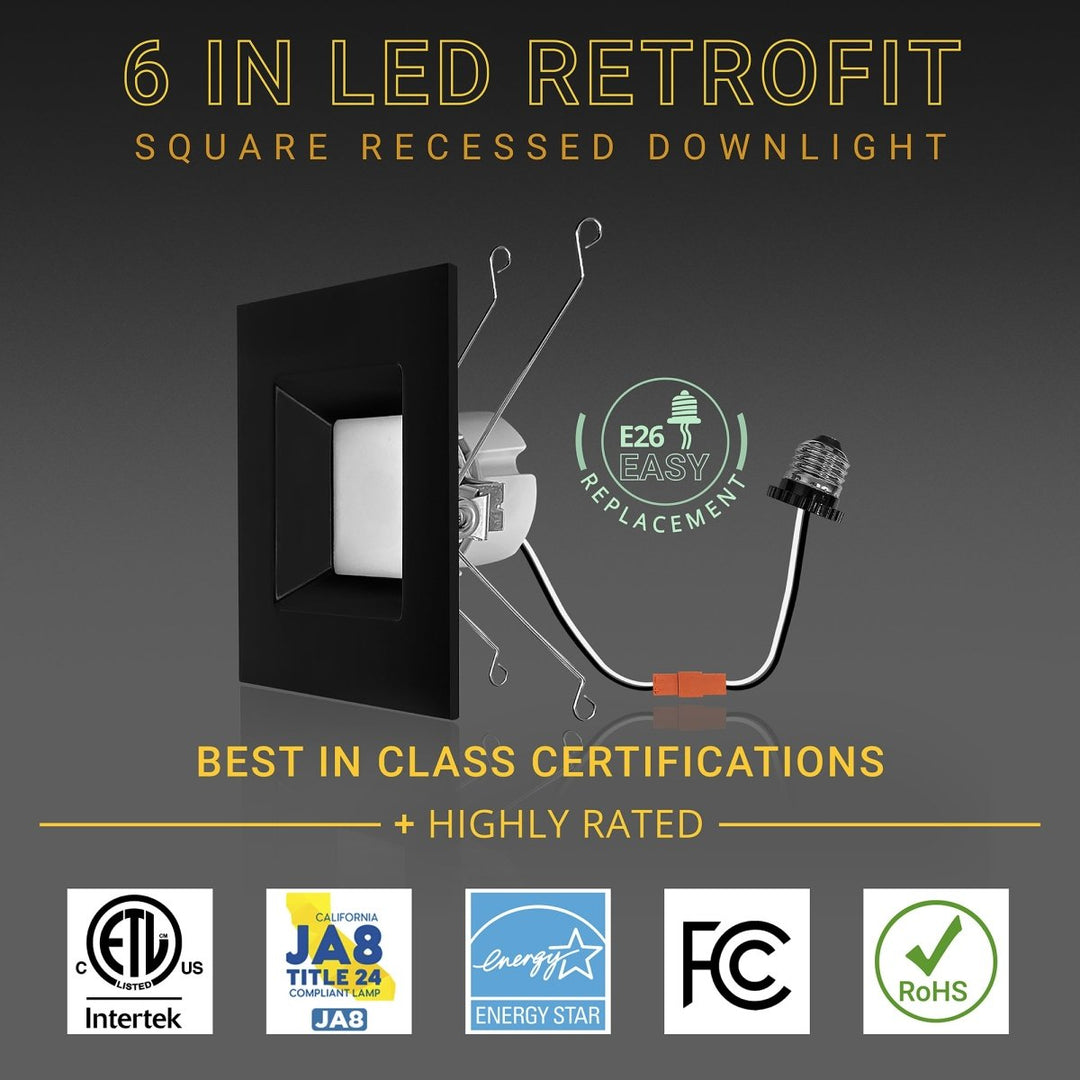 5/6" Inch Black Square Recessed Lighting Retrofit Can Lights - Wet Rated - 5CCT 2700K-5000K - 1100LM