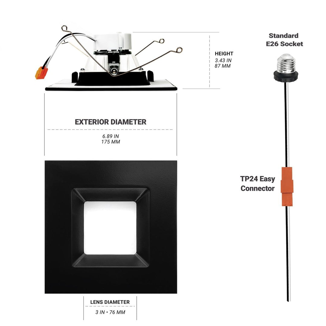 5/6" Inch Black Square Recessed Lighting Retrofit Can Lights - Wet Rated - 5CCT 2700K-5000K - 1100LM