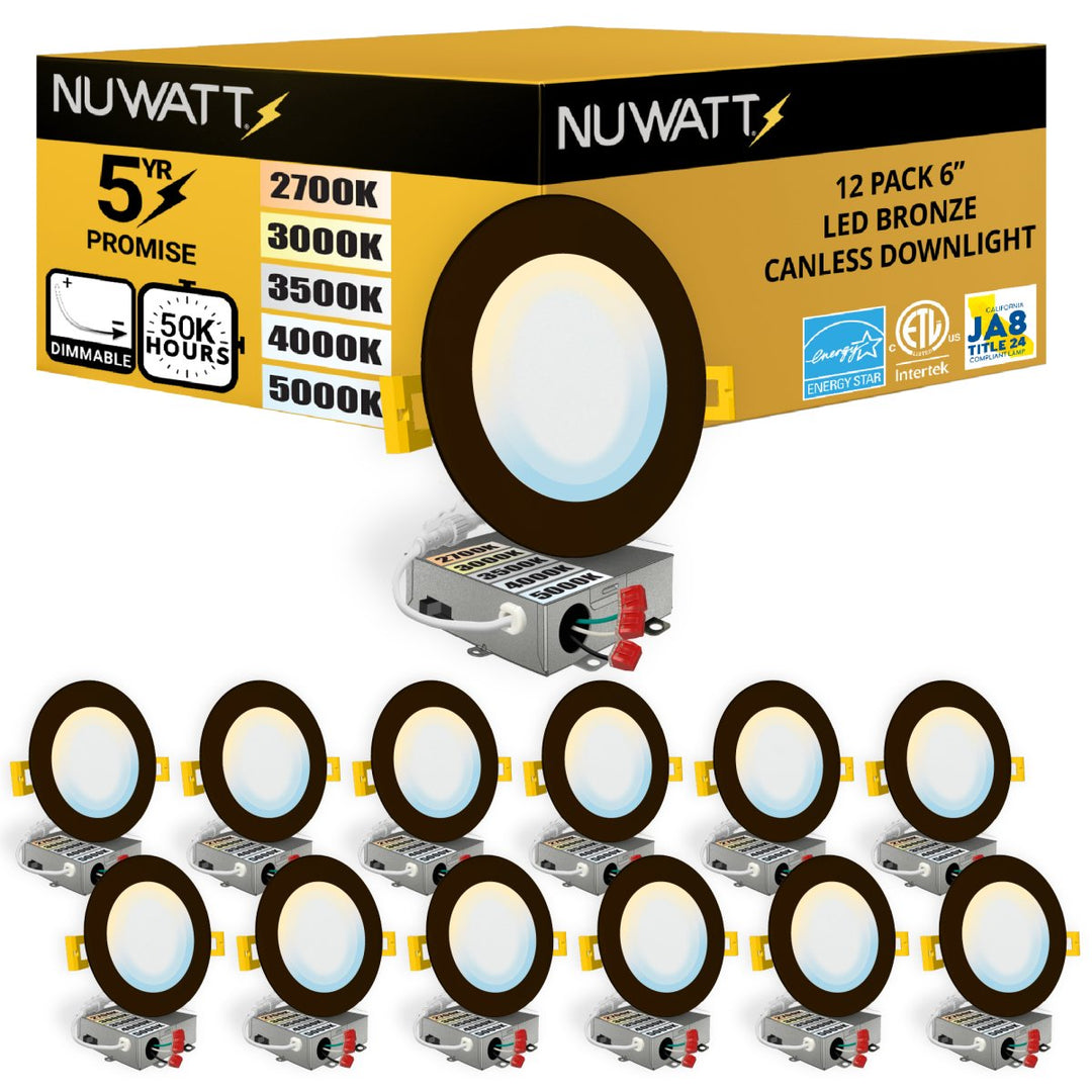 6" Inch Bronze Canless Recessed Lighting Slim LED Wafer Lights - Wet Rated - 5CCT 2700K-5000K - 1050LM