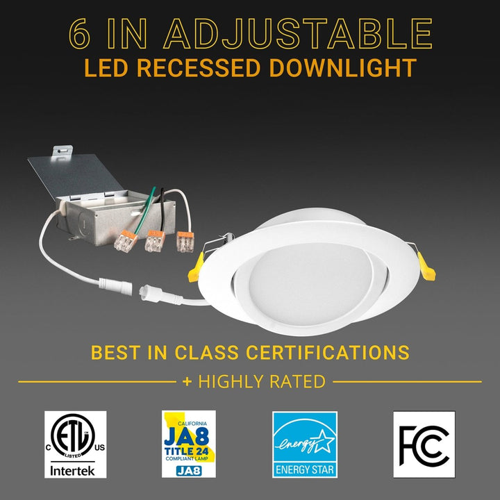 6" Inch White Adjustable Round Recessed LED Ceiling Light - 5 Kelvin Temperatures (5CCT) - 12 Watt - 950 Lumens - Dimmable