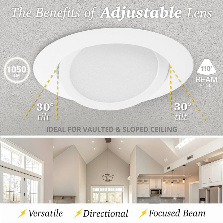 6" Inch White Adjustable Round Recessed LED Ceiling Light - 5 Kelvin Temperatures (5CCT) - 12 Watt - 950 Lumens - Dimmable