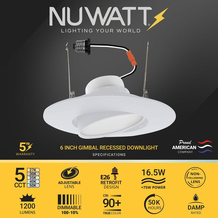 6" Inch White Retrofit Adjustable LED Recessed Downlight - 5 Kelvin Temperatures (5CCT) - 16.5 Watt - 1200 Lumens - Dimmable