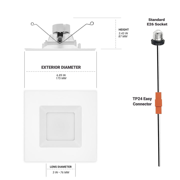 6" Inch White Square Retrofit LED Recessed Downlight - 5 Kelvin Temperatures (5CCT) - 14 Watt - 1100 Lumens - Dimmable
