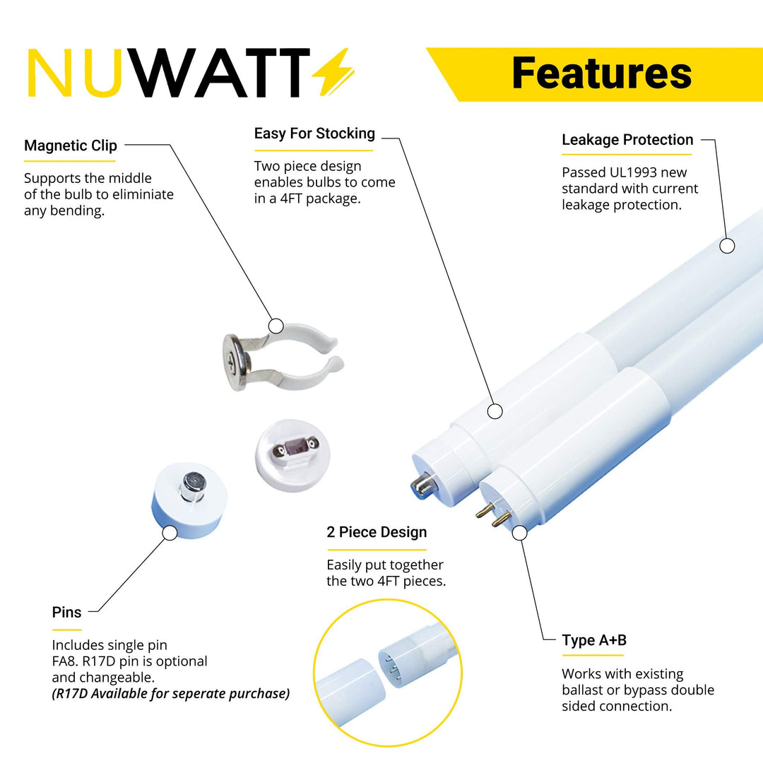 LED 8 Foot T8 Tube Frosted Lens - 5000K - Type A&B Tube Light - Ballast Bypass & Works With Ballast - 42 Watts - 5500 Lumens - 120V-277V - Dual Ended Power - Dual Pin OR Single Pin (15 Pack)