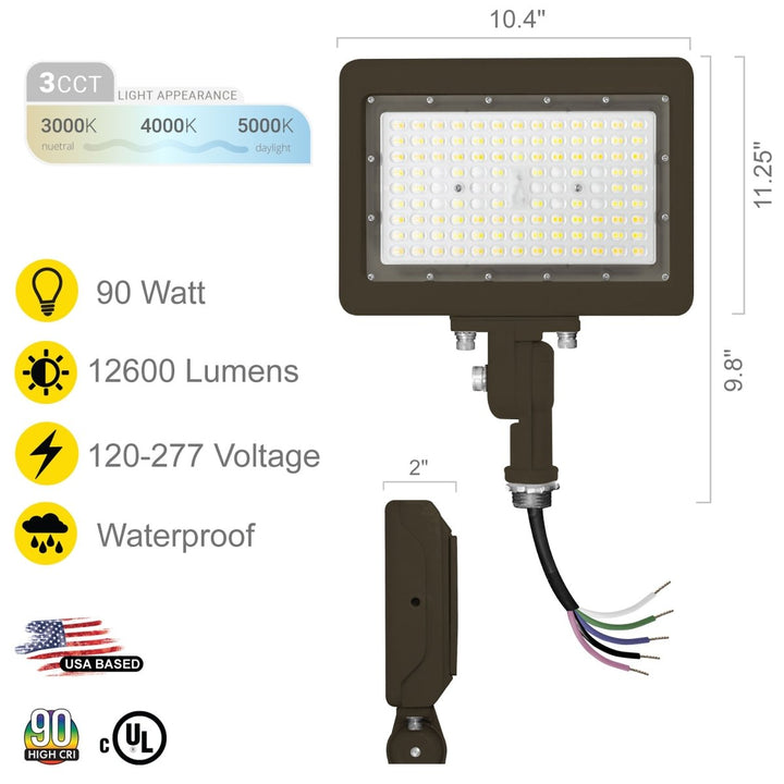 90W Bronze Flood Light LED Outdoor Security Lights - Waterproof - 3CCT 3000K-5000K - 12600LM - Knuckle Mount