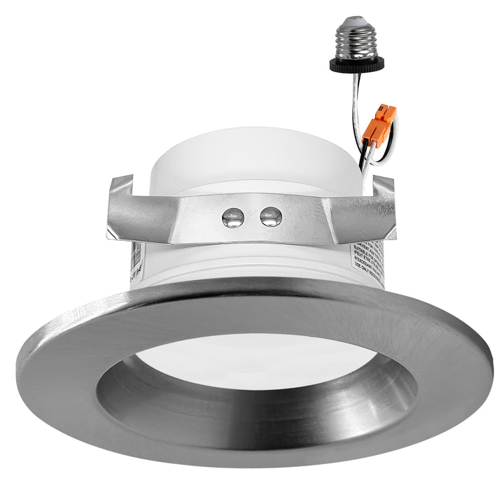 NuWatt 4 Inch Round Brushed Nickel Retrofit Downlight - 3 Wattage Selectable 12W/10W/8W - 5 Color Changing Temperatures 2700K - 5000K (5CCT) - Dimmable - CRI>90 - E26 Quick Connect Included