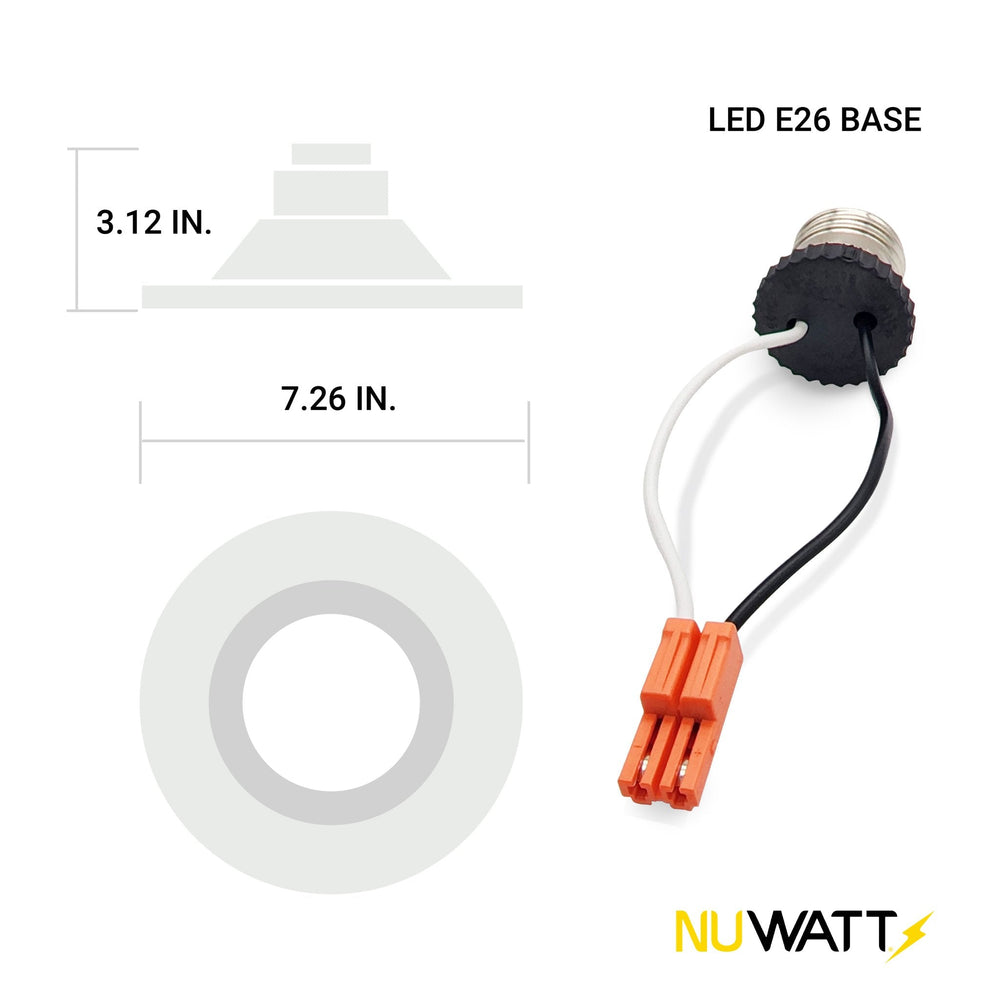 NuWatt 6 Inch Round Retrofit Recessed Light - E26 Quick Connect - 3 Wattage Selectable: 12W/15W/18W (900/1100/1300LM) - 5CCT: 2700K-5000K Color Selectable - Dimmable - CRI>90 - UL /Energy Star/ JA8 Certified | Retrofit LED Ceiling Light | Nuwatt Lighting