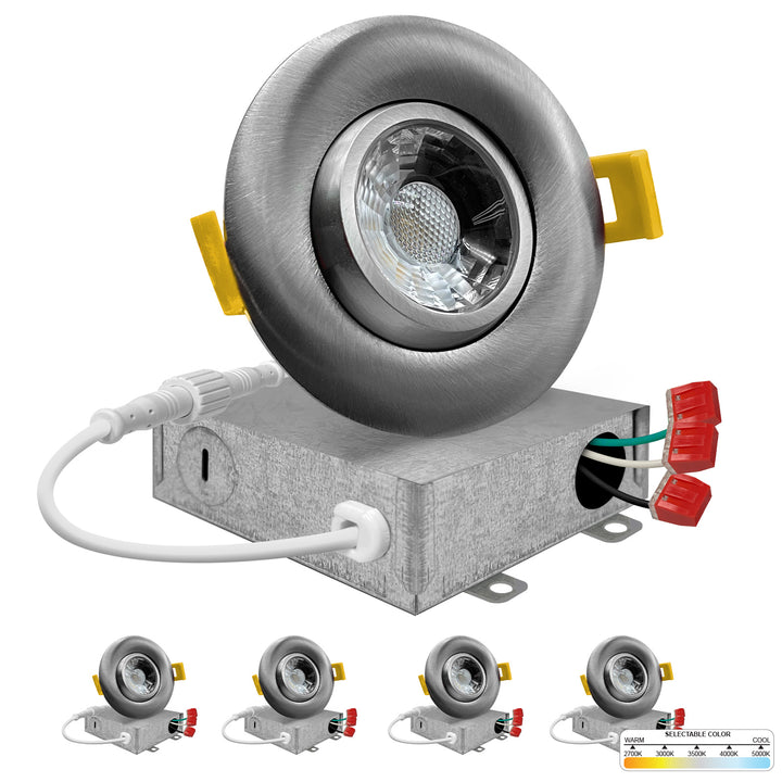 4" Inch Brushed Nickel Gimbal Recessed Light Canless LED Lighting - Damp Rated - 5CCT 2700K-5000K - 750LM