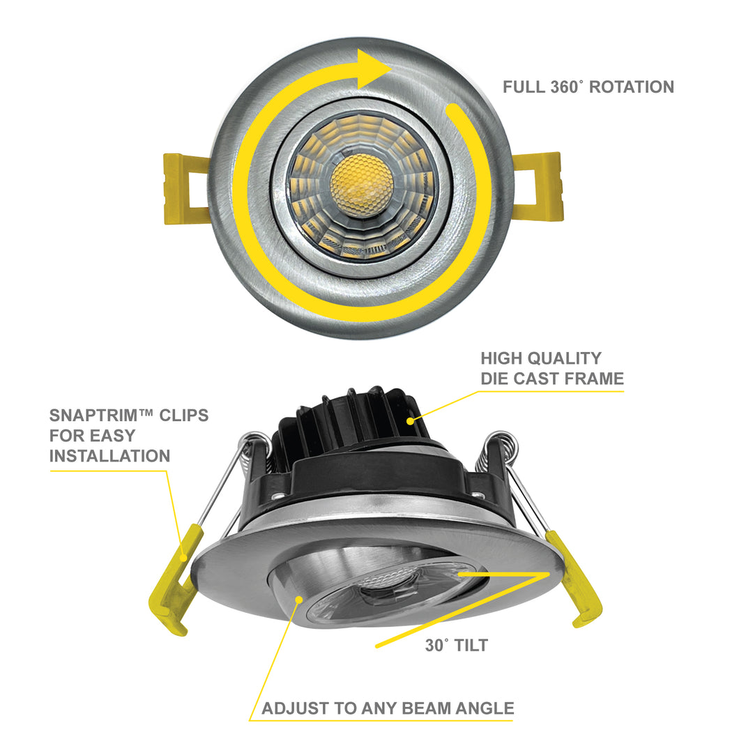 4" Inch Brushed Nickel Gimbal Recessed Light Canless LED Lighting - Damp Rated - 5CCT 2700K-5000K - 750LM