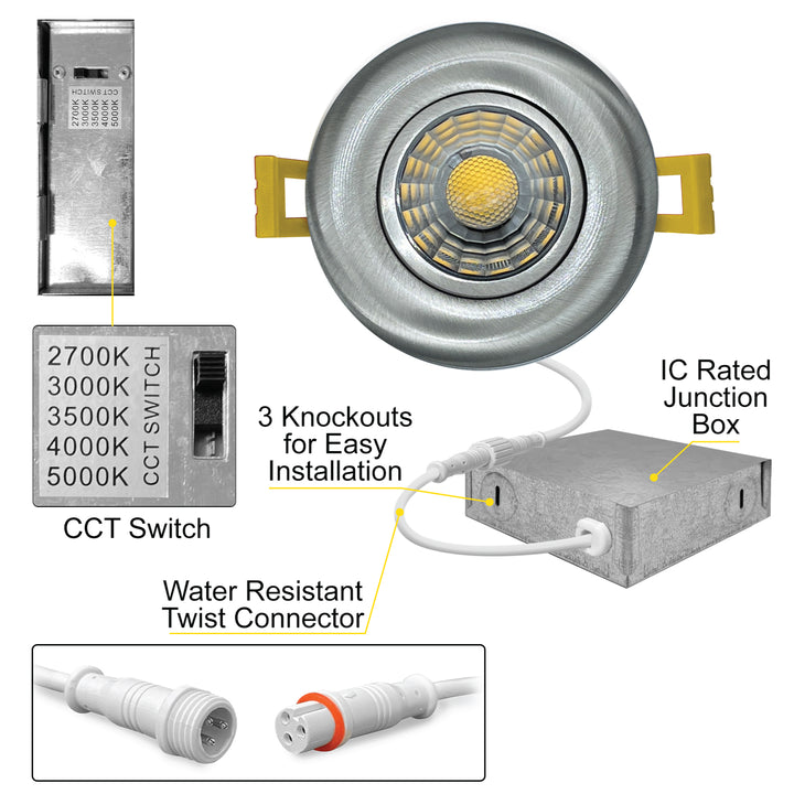 4" Inch Brushed Nickel Gimbal Recessed Light Canless LED Lighting - Damp Rated - 5CCT 2700K-5000K - 750LM