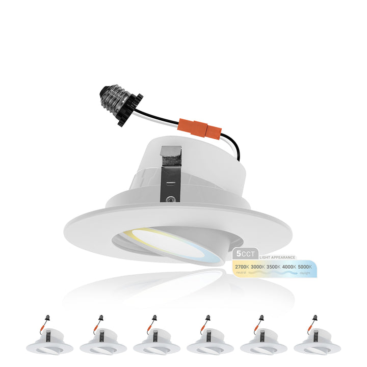 4" Inch Adjustable Can Lights Sloped Ceiling Recessed Lighting - Damp Rated - 5CCT 2700K-5000K - 750LM