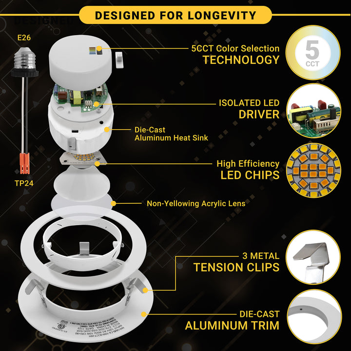 4" Inch Adjustable Can Lights Sloped Ceiling Recessed Lighting - Damp Rated - 5CCT 2700K-5000K - 750LM