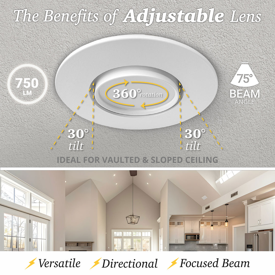 4" Inch Adjustable Can Lights Sloped Ceiling Recessed Lighting - Damp Rated - 5CCT 2700K-5000K - 750LM