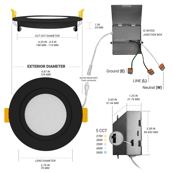 4" Inch Black Gimbal Recessed Light for Sloped Ceiling Canless LED Lighting - Damp Rated - 5CCT 2700K-5000K - 630LM