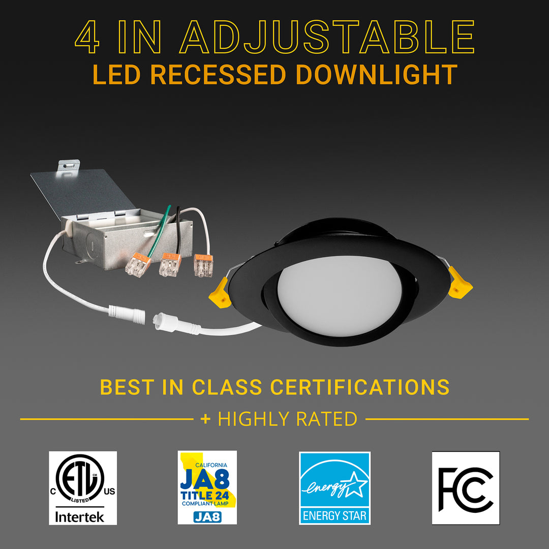 4" Inch Black Gimbal Recessed Light for Sloped Ceiling Canless LED Lighting - Damp Rated - 5CCT 2700K-5000K - 630LM