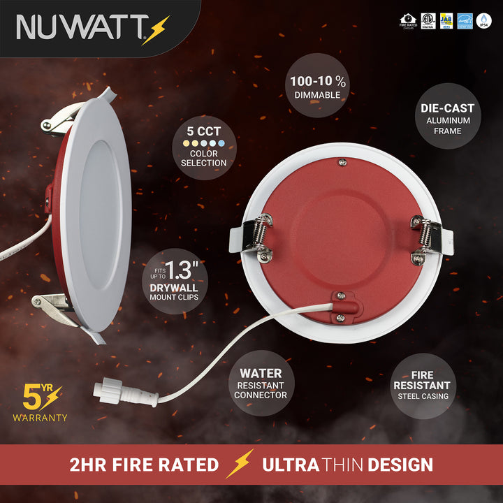 4" Inch 2 Hour Fire Rated Recessed Light Slim Canless LED Wafer Lights - Wet Rated - 5CCT 2700K-5000K- 900LM