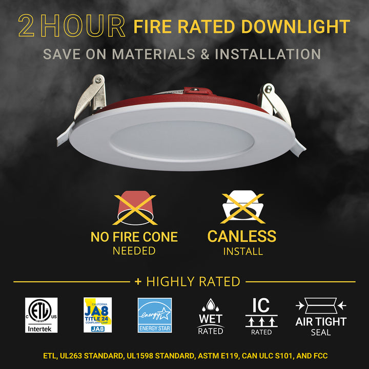 4" Inch 2 Hour Fire Rated Recessed Light Slim Canless LED Wafer Lights - Wet Rated - 5CCT 2700K-5000K- 900LM