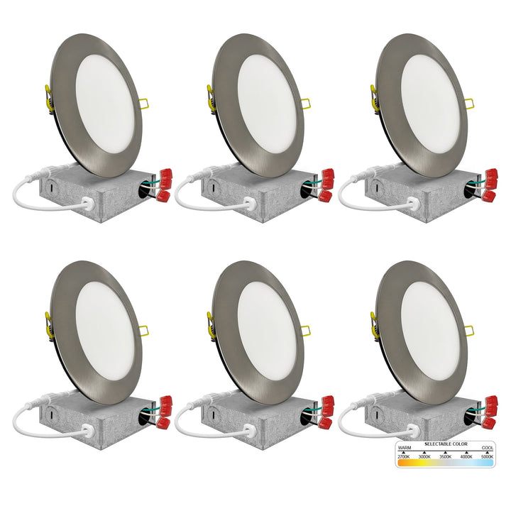 6" Inch Brushed Nickel Round Slim Recessed LED Ceiling Light - 5 Kelvin Temperatures (5CCT) - 15 Watt - 1050 Lumens - Dimmable | Slim Recessed Light | Nuwatt Lighting