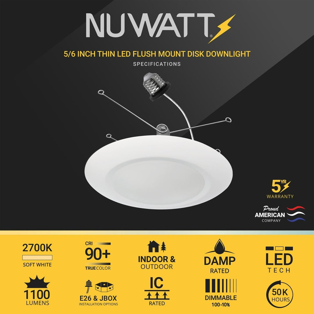 NuWatt 5/6" Inch Slim Disk Downlight - 2700K Soft White - 15 Watts - 1100 Lumens - Triac-Dimmable - 120V - White Trim